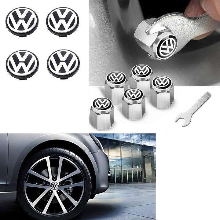 Комплект от 4 капачки за джанти VW с 5 капачки за вентили, 56 мм, алуминий/пластмаса, черен/сребрист