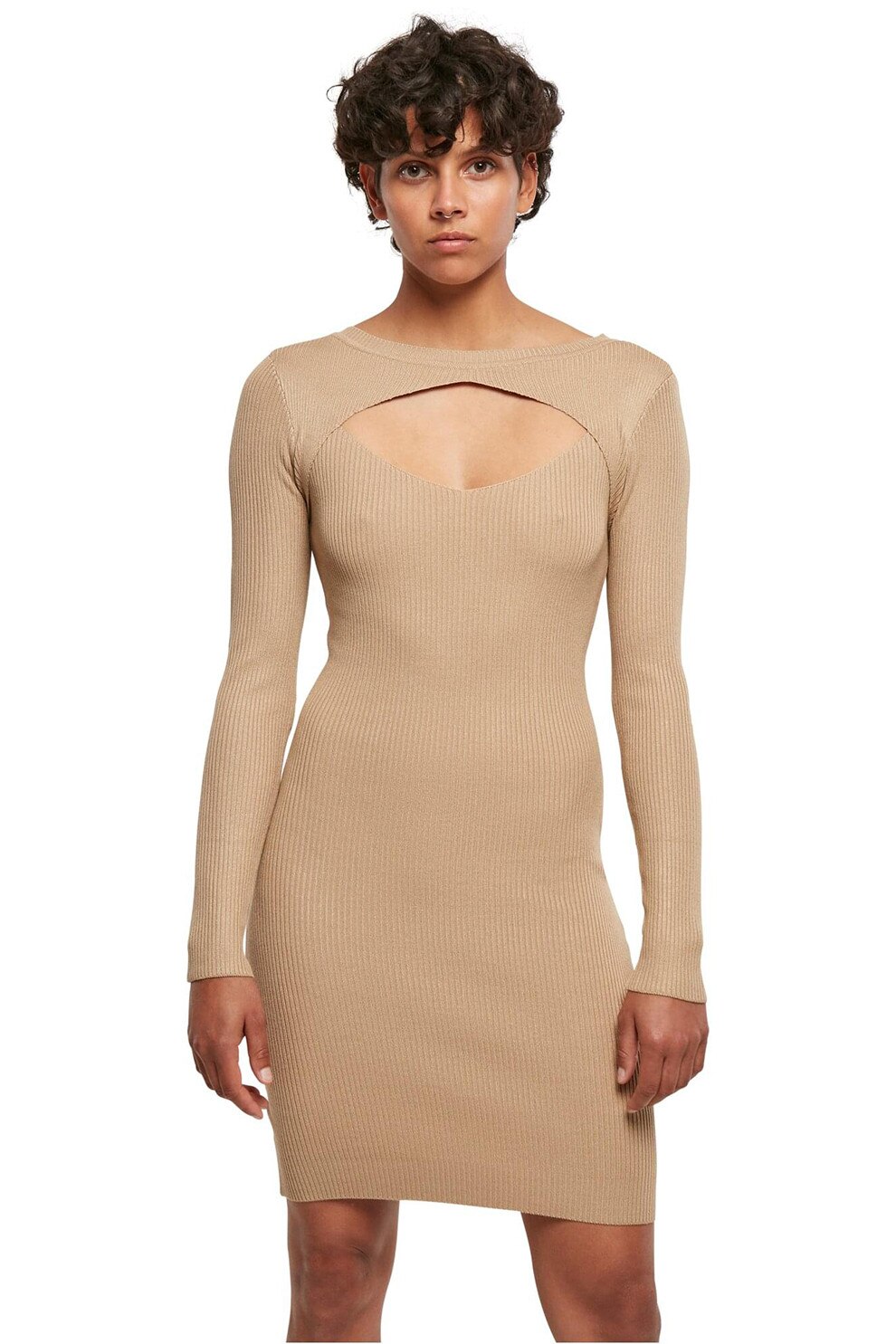 Urban Classics, Rochie striata cu decupaj frontal, Bej deschis, M