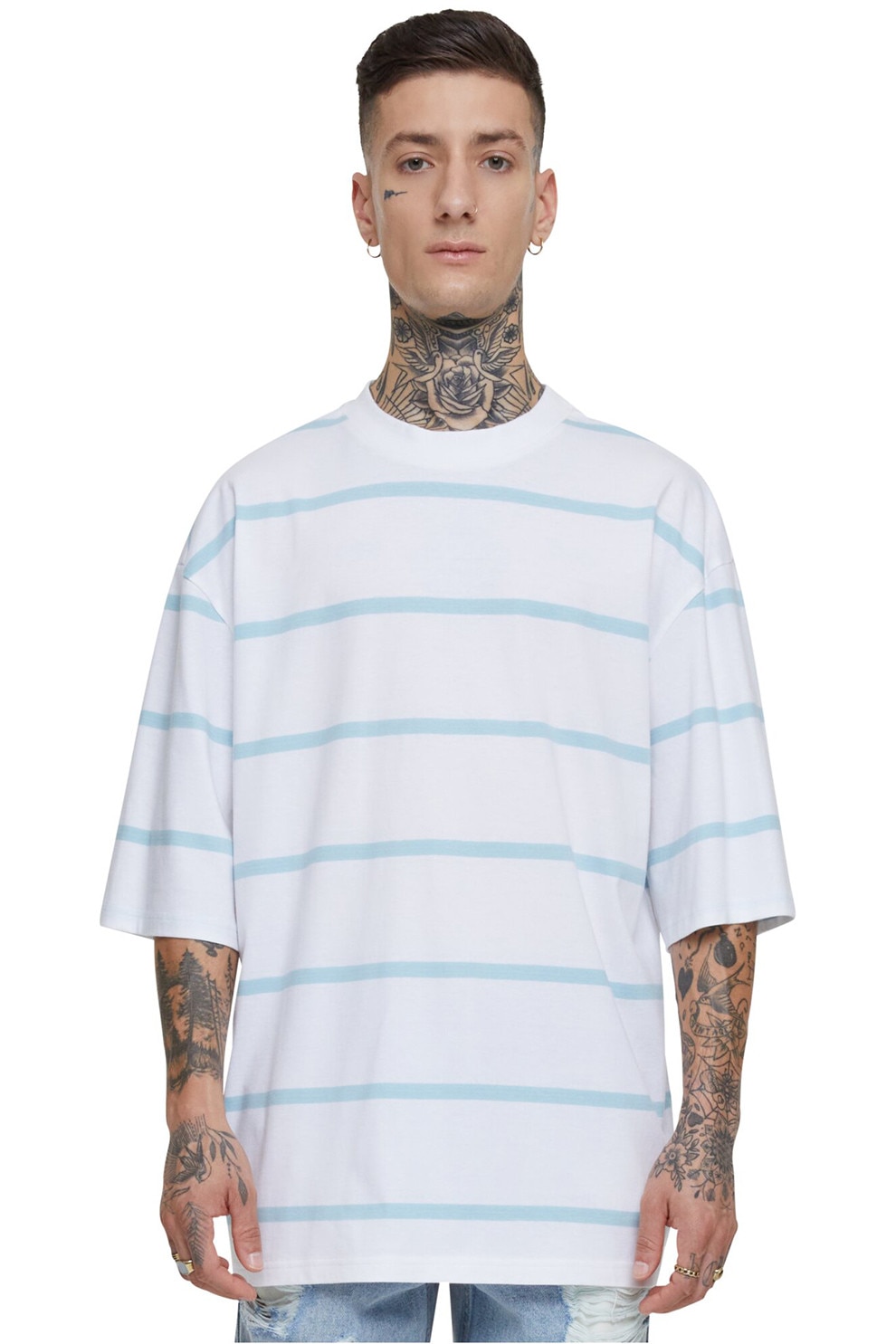 Urban Classics, Tricou supradimensionat cu model in dungi, Alb, Albastru glaciar, S