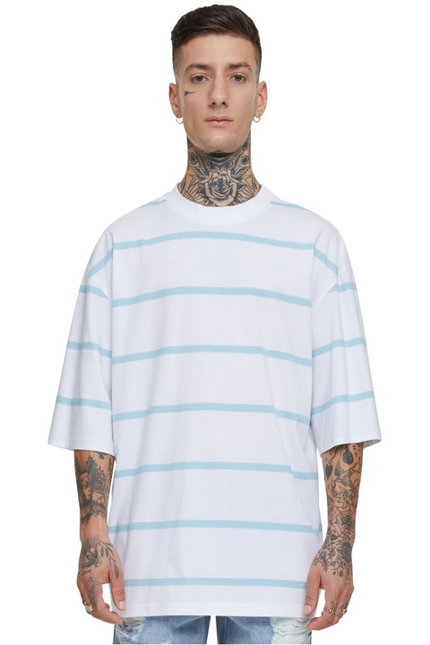Urban Classics, Tricou supradimensionat cu model in dungi, Alb/Albastru glaciar