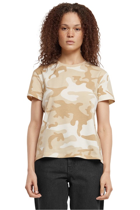 Urban Classics, Tricou cu imprimeu camuflaj, Alb fildes/Maro taupe deschis