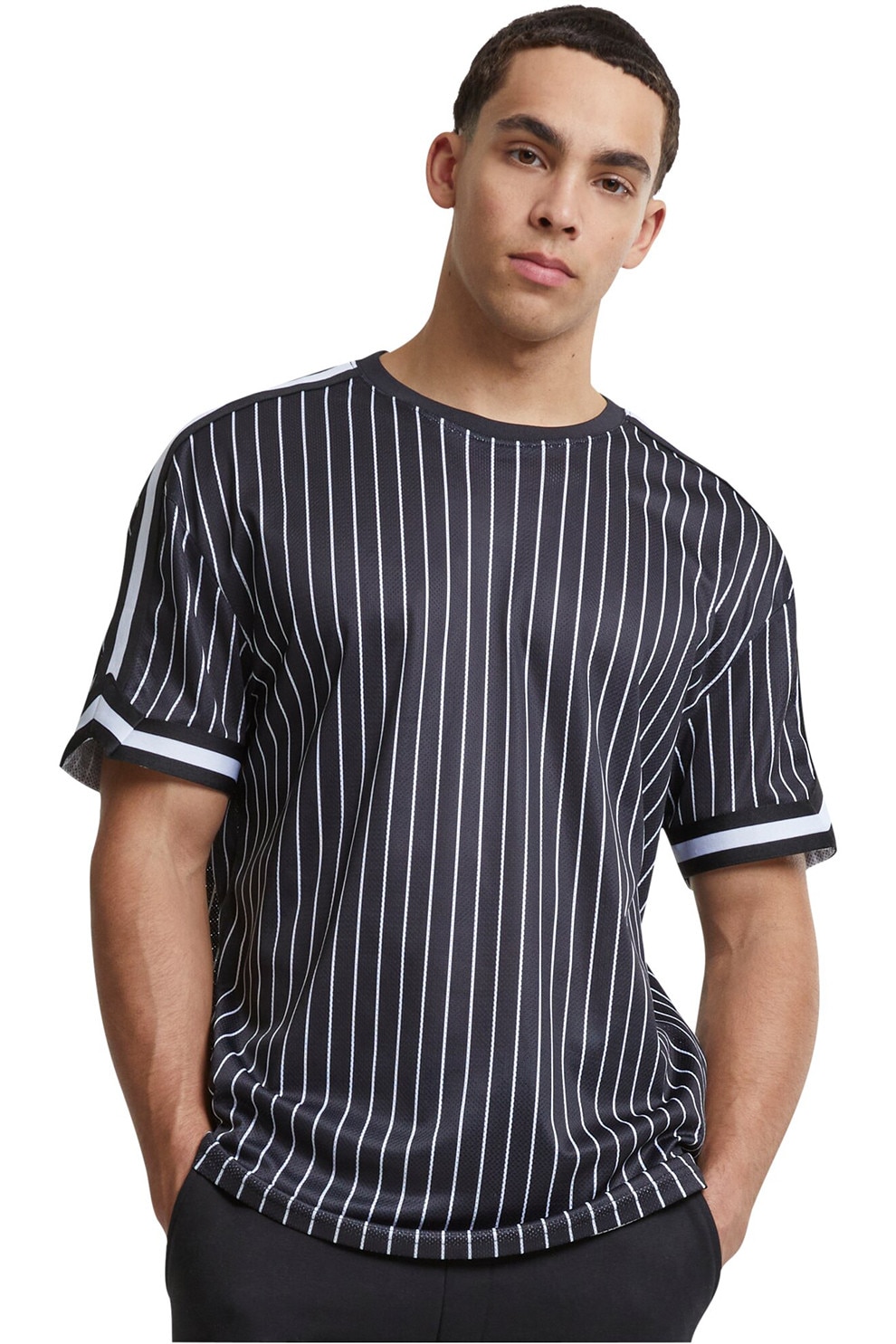 Urban Classics, Tricou in dungi cu decolteu la baza gatului, Alb, Negru, XL