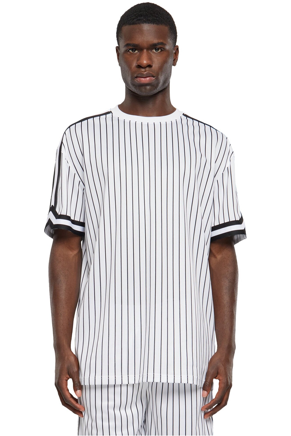 Urban Classics, Tricou in dungi cu decolteu la baza gatului, Negru stins, Alb murdar, XL