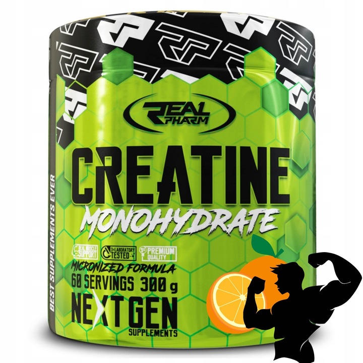 Creatina Monohidrata Real Pharm, Pudra 300g, Creapure, Creatine Monohidratata pentru masa musculara, Portocala
