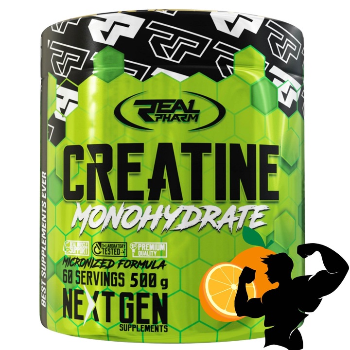 Creatina Monohidrata Real Pharm, Pudra 500g, Creapure, Creatine Monohidratata pentru masa musculara, Portocala