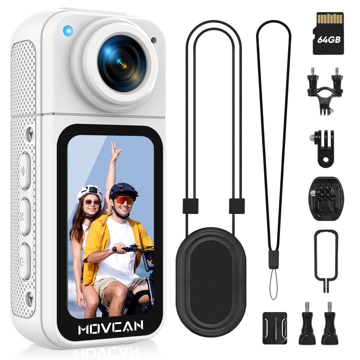 Телесна камера с аудио и видео запис, HD 1520P телесна камера с въртящ се на 180° обектив, преносима камера с размер на палец и запис без ръце, носена на тялото, преносима видеокамера за работа, бяла