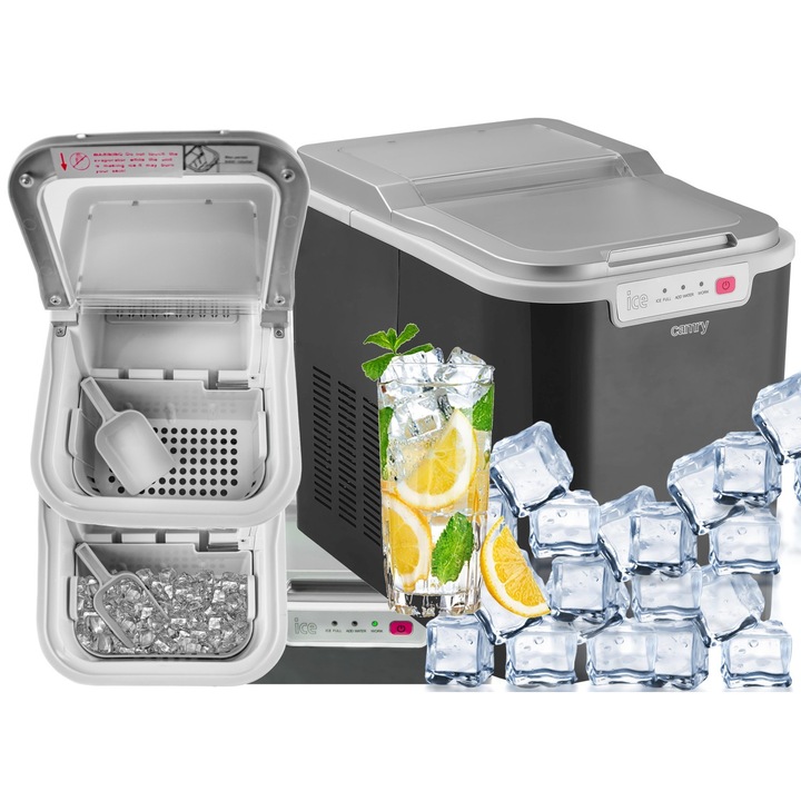 Masina De Facut Gheata, Camry, Cr 8073, Capacitate De Productie A Ghetii 12 Kg/24H, Primele Cuburi De Gheata In 10 Minute, Executie De Inalta Calitate, Transparenta