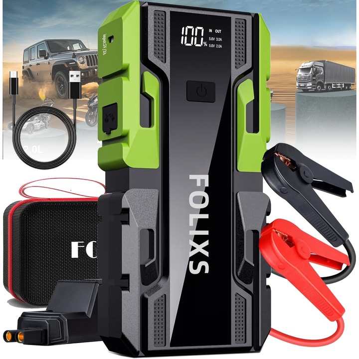Стартер за кола, Folixs, 4000A, 150PSI, 12V, 20000mAh, Power Bank, Дигитален екран, 3 режима на LED светлина, Интелигентна защита, Преносим, Поддържа до 9,0 литра бензинов двигател/8,0 литра дизелов двигател, зелен
