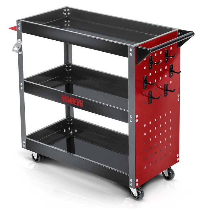 Humberg műhelyi szerszámkocsi, rozsdamentes acél és alumínium, 2 fix és 2 forgó kerék, 6 praktikus kampó, ergonomikus összecsukható fogantyú, 300 kg, 80 x 35 x 73 cm