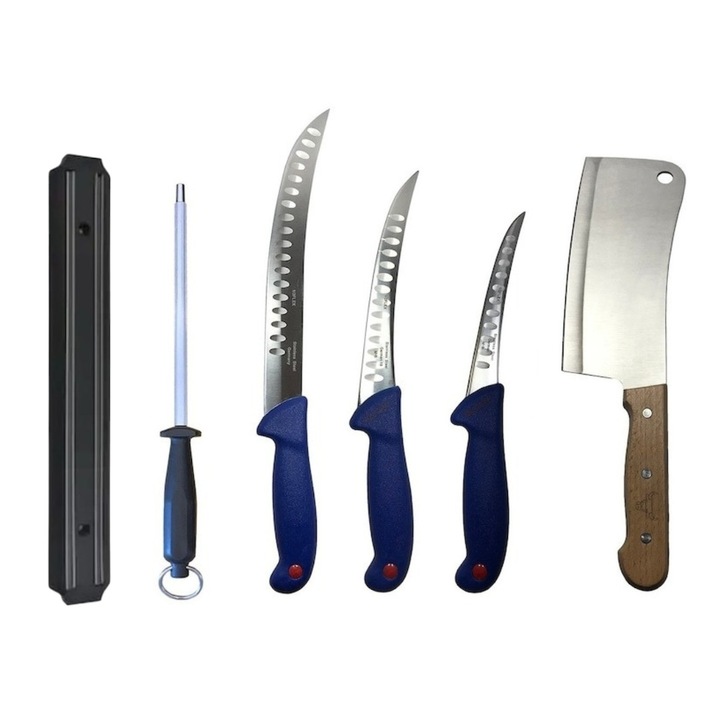 Set 3 cutite profesionale de macelarie, injunghiat, transat, dezosat, filetat, satar, suport magnetic, masat pentru ascutit, Dactylion®