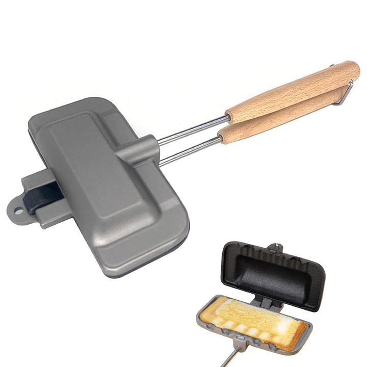 Tigaie pentru copt sandwich SUPER TRENDS 4 în 1, antiaderentă, pliabilă, aluminiu, lemn, dimensiune compactă