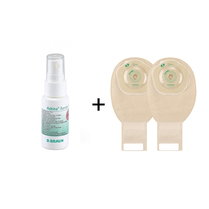 Течна превръзка Askina Barrier Film Spray, кафява, 28 мл + 2 Flexima Convex Ileostomy Sacks с дренаж и велкро, бежова