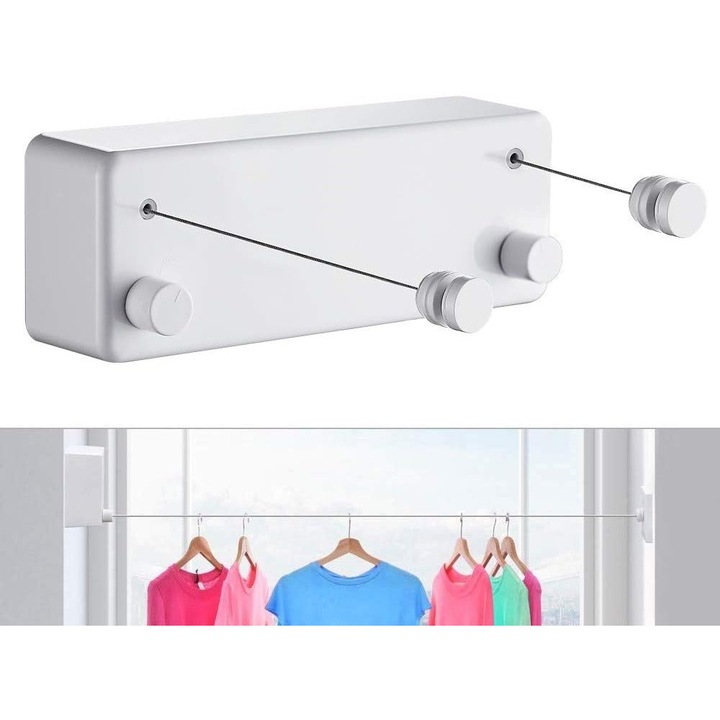 Sarma de rufe retractabila pentru uz interior si exterior - Robusta, 2 sfori de rufe din otel inoxidabil de 4, 2 m, montare pe perete (necesita burghiu) - Alba