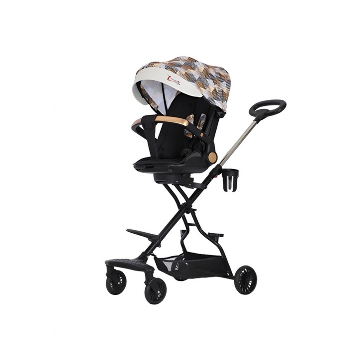 Carucior Sport Mutifunctional, Comando Kids, cu Tavita pentru Masa si Pahar, Spatiu de Depozitare, Centura, Configurare Pozitie de Somn, Copertina Soare, Functie Blocare Roti, Pliabil & Reversibil, Varsta 6-36 Luni, Model Carou, Bej Multicolor