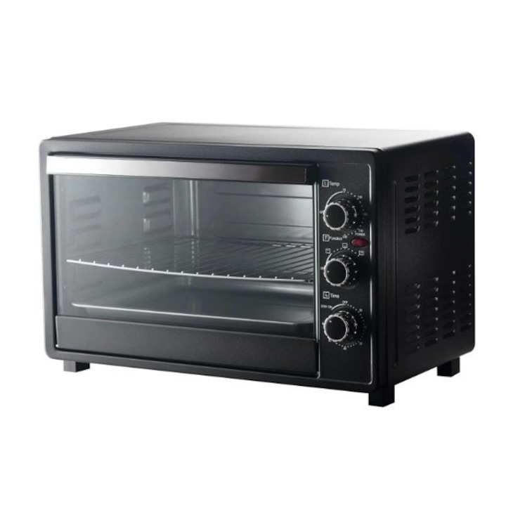 Cuptor Electric XL, 25L, 1500W, 3 Functii, Temporizator cu Alarma, Tava + Gratar Inox, Usa Transparenta