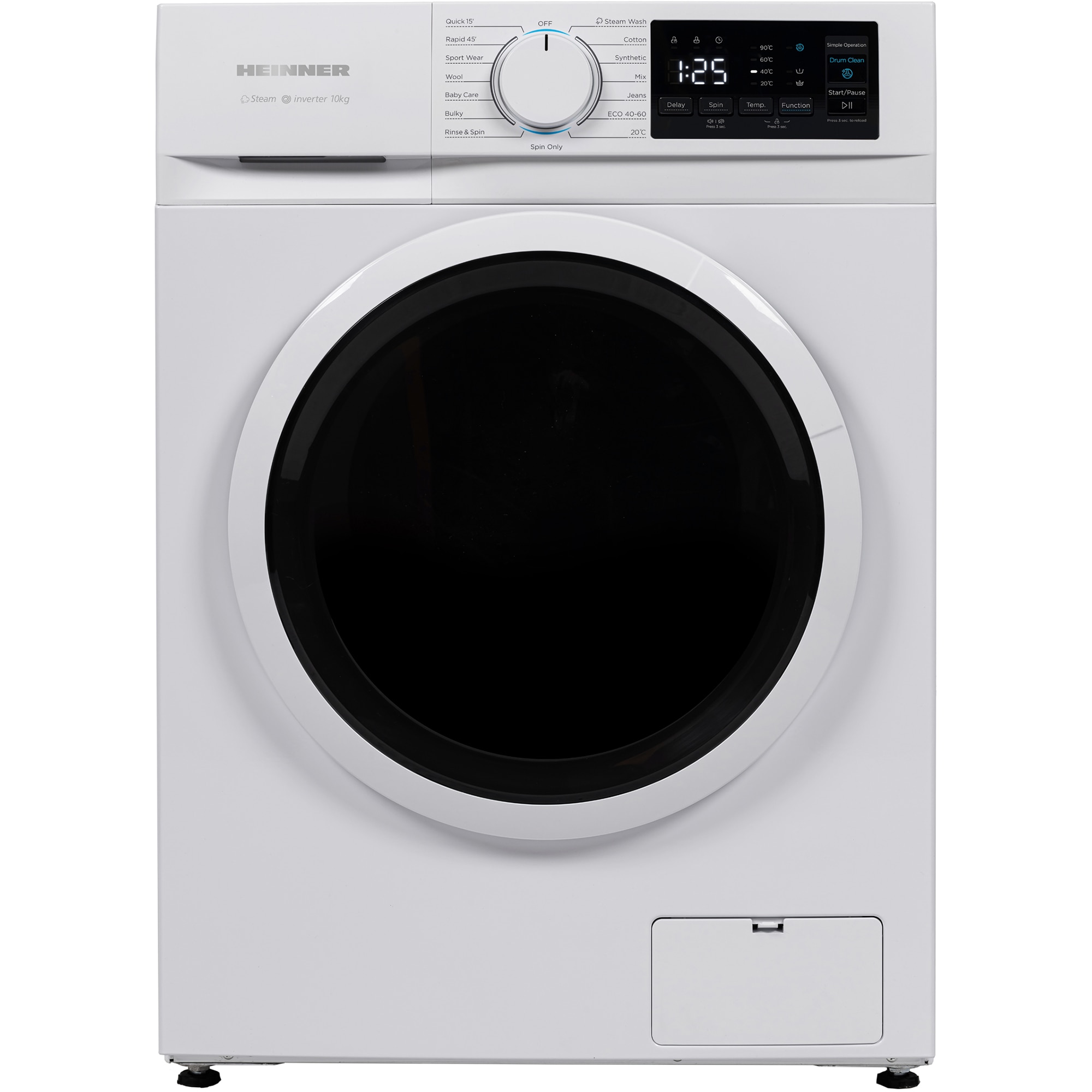 Masina de spalat rufe Heinner HWM-M1014IVNA+++, 10 kg, 1400 rpm, Clasa A, Motor inverter, 15 programe, Display digital, Program rapid 15 min, Program steam, Program baby care, Func