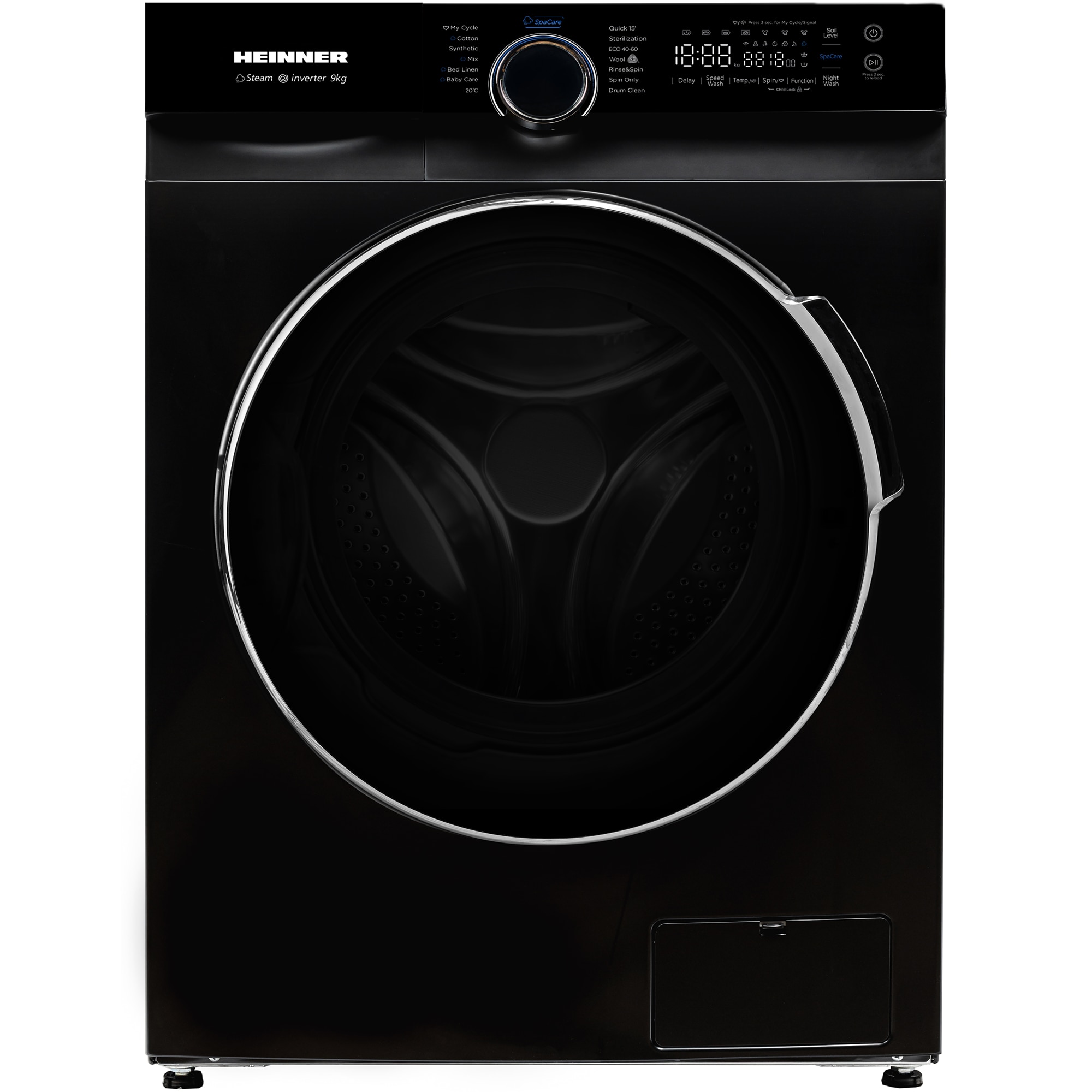 Masina de spalat rufe Heinner HWM-M914IVKBA+++, 9kg, 1400rpm, clasa A, motor inverter, 14 programe, control touch, display digital, program rapid 15 min, program spalare steam, pro