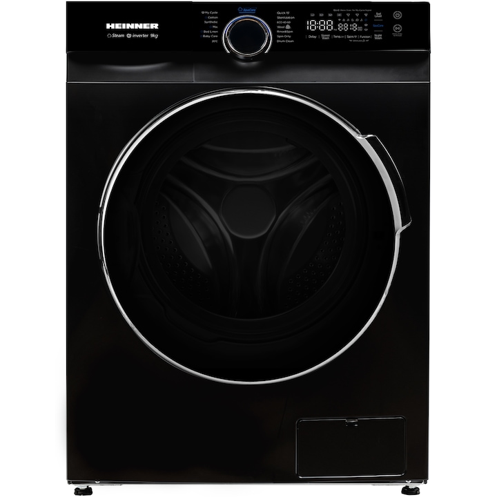 Heinner HWM-M914IVKBA++ mosógép, 9 kg, 1400 fordulat/perc, A energiaosztály, inverteres motor, 14 program, érintőképernyős vezérlés, digitális kijelző, 15 perces gyorsprogram, gőzmosó program, babaápolási program, kiegészítő funkciók