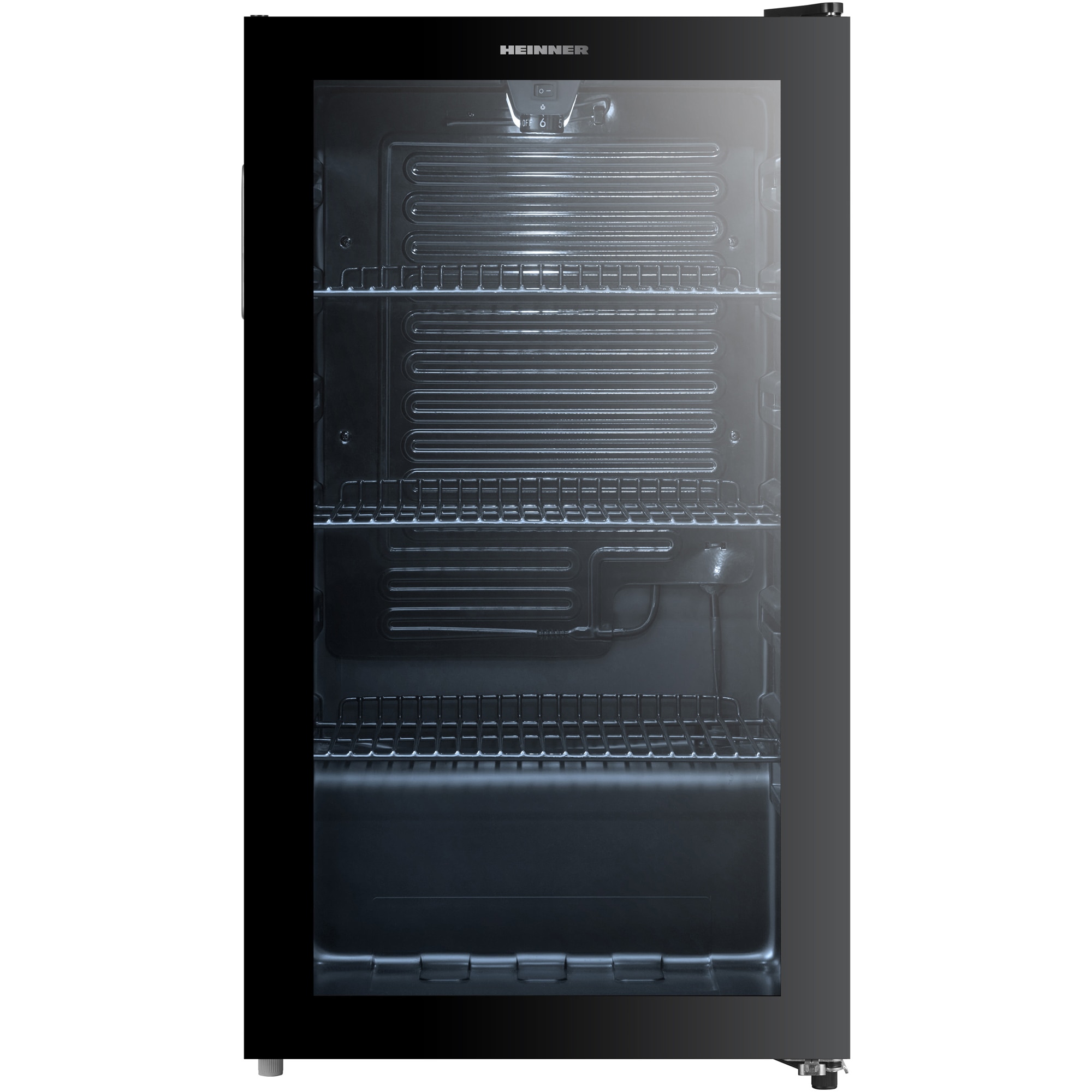 Racitor de bauturi Heinner HBC-M93BKE, 93L, clasa E, lumina led, 3 rafturi din sticla, control mecanic cu termostat ajustabil, negru
