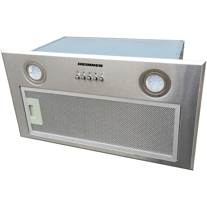 Абсорбатор за вграждане Heinner HBIH-MD600IX, 610 m3/h, 3 степени на скорост, Мотор 1 x 215w, LED осветление 2 x 1.5w, 1 алуминиев филтър, Диаметър на изпускателната тръба 150 мм, Инокс