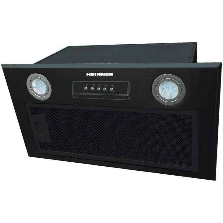Абсорбатор за вграждане Heinner HBIH-MD600BK, 610 м3/ч, 3 скорости, Мотор: 1 x 215 W, LED осветление: 2 x 1,5 W, 1 алуминиев филтър, Диаметър на изпускателната тръба: 150 мм, Черен