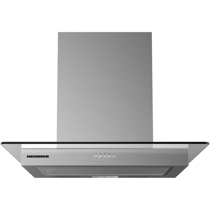 Декоративен абсорбатор Heinner HDCH-MD630GIX, 60 см, "Т-образен" дизайн, 630 м3/ч, 3 скорости, Мотор: 1 x 215 W, LED осветление: 2 x 1.5 W, 1 алуминиев филтър, бутони "push", Диаметър на изпускателната тръба: 150 мм, Неръждаема стомана + Стъкло