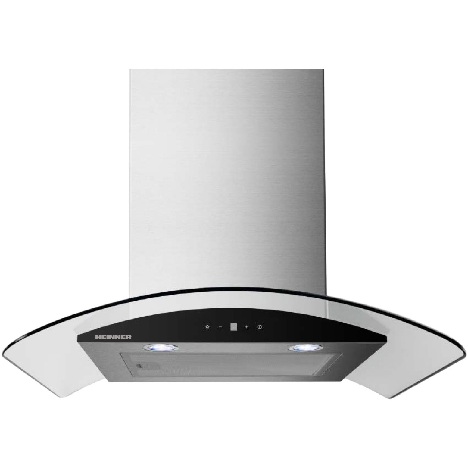 Hota decorativa Heinner HDCH-MD650GIX, Putere de absorbtie 650 m3/h, Clasa B, 4 trepte de viteza, Iluminare led, Control touch, 60 cm, Inox+Sticla