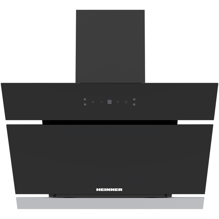 Декоративен абсорбатор Heinner HDCH-MD620RGBK, 60 см, "Наклонен" дизайн, 620 м³/ч, 4 скорости, Мотор: 1 x 80 W, LED осветление: 1 x 1,5 W, 1 алуминиев филтър, Сензорно управление, Диаметър на изпускателната тръба: 150 мм, Черно стъкло