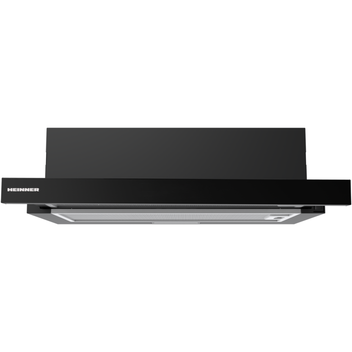 Телескопичен абсорбатор Heinner HTCH-MD400GBK, 60 см, 400 м3/ч, 2 скорости, Мотор: 1 x 45 W, LED светлина: 1 x 1.5 W, 2 алуминиеви филтъра, Диаметър на изпускателната тръба: 150 мм, Черен + Стъклен