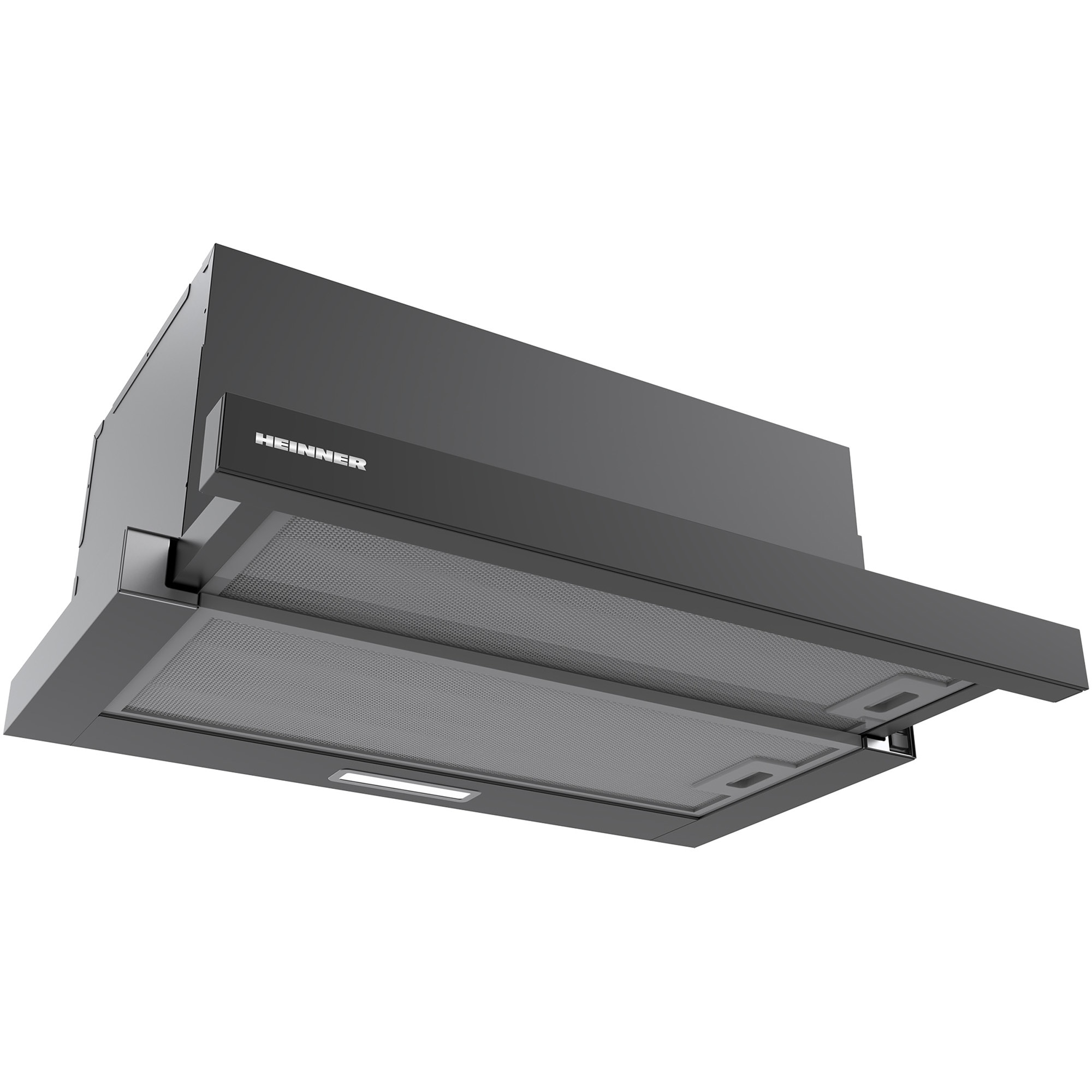 Hota telescopica Heinner HTCH-MD600GBK, 60cm, 630 m3/h, 2 trepte de viteza, motor: 1 x 215w, lumina led: 1 x 1.5w, 2 filtre aluminiu, diametru tub de evacuare: 150 mm, negru+sticla