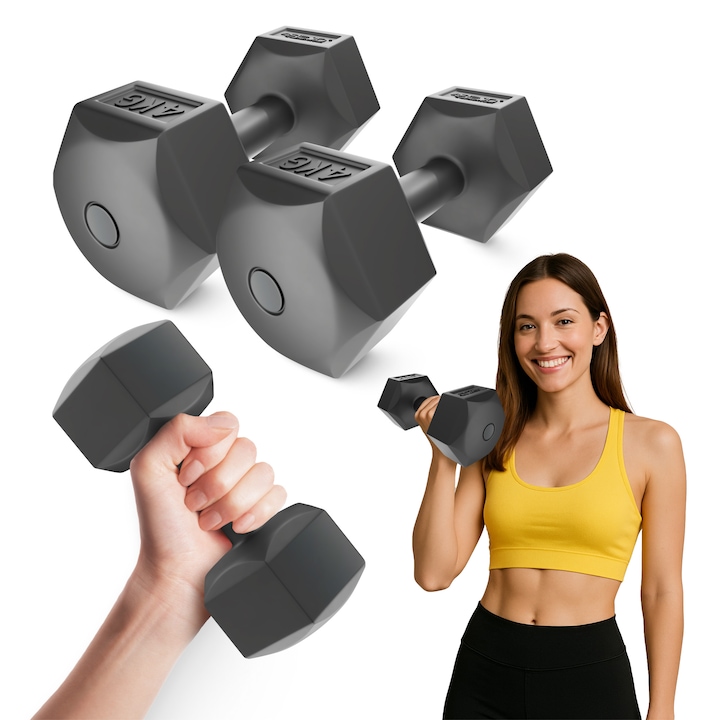 Set gantere bituminoase, 4FIZJO, 2 × 4 kg, pentru antrenament forta, rezistenta si aerobic, forma hexagonala antirulare, prindere antialunecare, protectie podea, ideale pentru acasa, sala sau exterior, material PVC cu beton, gri