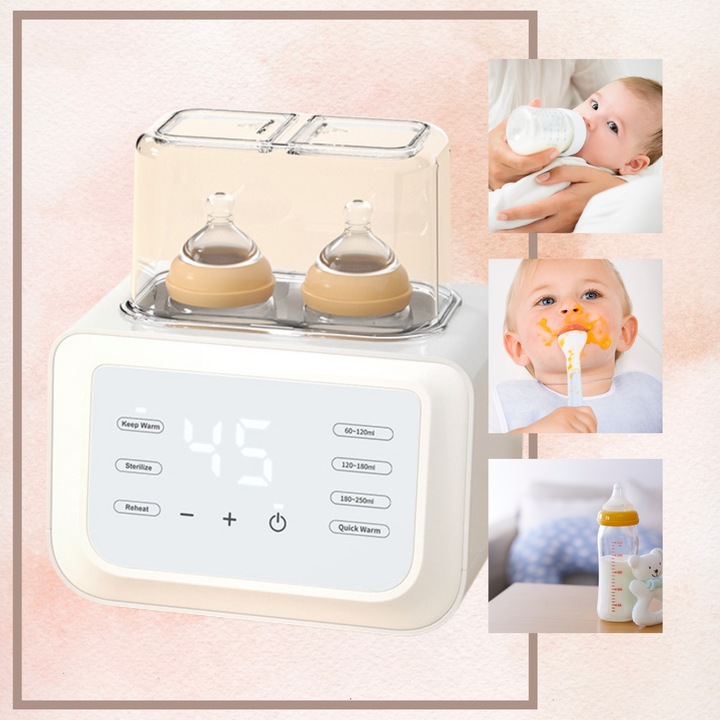 6 в 1 затоплящ и стерилизатор за шишета, бързо затопляне на мляко и храна, размразяване, поддържане на топлината, двойно отделение за шишета, без BPA, LCD екран, бял