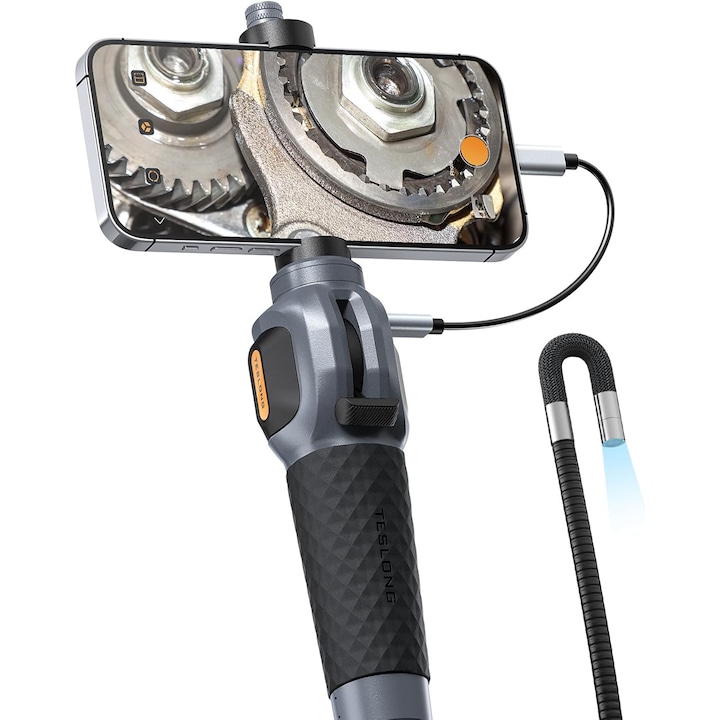 Endoscop industrial, camera de inspectie cu cap rotativ 8.5 mm, lumini LED dimabile, tub semirigid de 1.55 m, compatibil iPhone 15/16 si Android