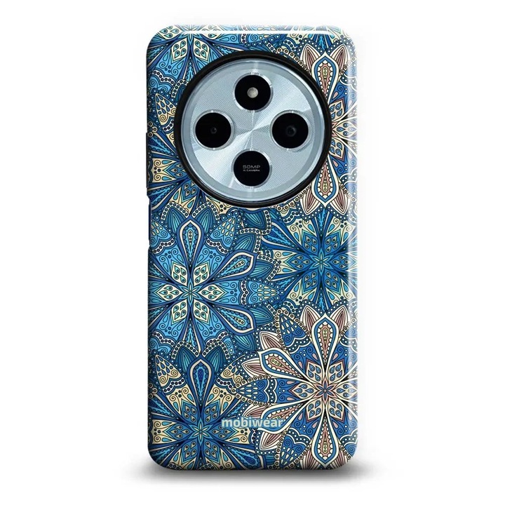 Mobiwear Elite Pro telefontok, Xiaomi Redmi 14C / Poco C75, kék, virágmintás, ütés- és karcálló