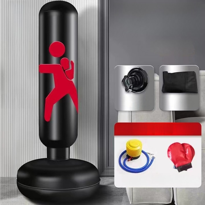 Set sac de box gonflabil cu manusi, Ronyes, PVC, 160cm, negru