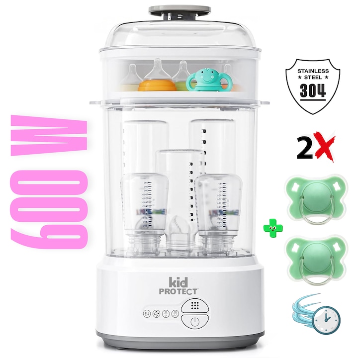 Sterilizator Biberoane Multifunctional 4 in 1 KidProtect® VapoDry Elite, 600W, Functie Uscare, Filtru Particule, Functie Fast Auto, Cuva Inox, Sterilizare in 8 Min, Alb