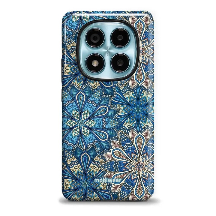 Husa telefon Mobiwear Elite Pro, Xiaomi Redmi Note 14 Pro 4G, albastra, design flori, rezistenta la socuri si zgarieturi