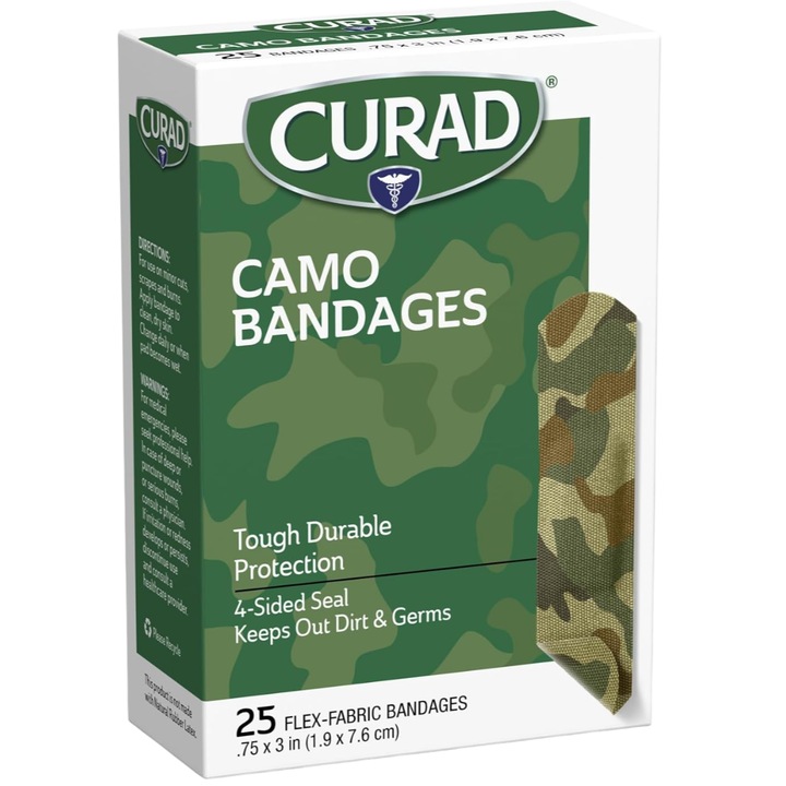 Plasturi, Curad, Camo Bandages, Design Camuflaj Verde, Sigileaza si Protejeaza Ranile de Bacterii, 19 x 76 mm, 25 buc