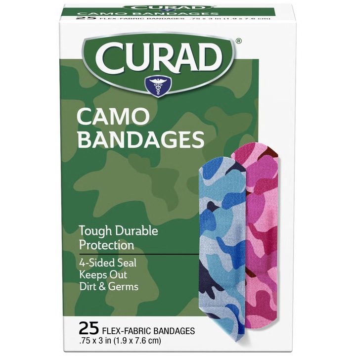 Plasturi, Curad, Camo Bandages, Design Camuflaj Roz si Albastru, Sigileaza si Protejeaza Ranile de Bacterii, 19 x 76 mm, 25 buc