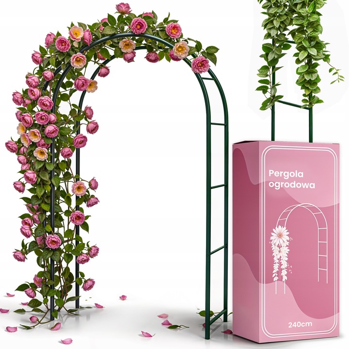 Fém kerti pergola szett rugóval és horgonyokkal, Gardenline, stabil szerkezet 12 mm átmérőjű acélcsövekből, gyors és intuitív összeszerelés, speciális szerszámok nélkül is lehetséges, esztétikus megjelenés, bármilyen kertbe alkalmas, 240 x 140 x 38 cm