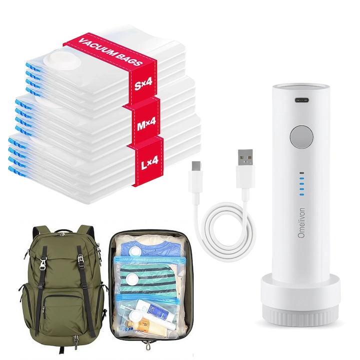 12 db-os Vákuumos Ruhazsák Szett Vezeték Nélküli Pumpával, Omelivon, 40x40cm*4/40x50cm*4/40x60cm*4, Max Kemping Szett