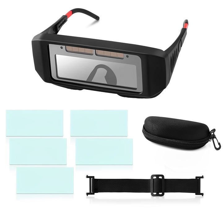 Комплект предпазни очила за заваряване, TREXORA, 5 сменяеми лещи, кутия за съхранение, черни, 16.5x7.5x5 см