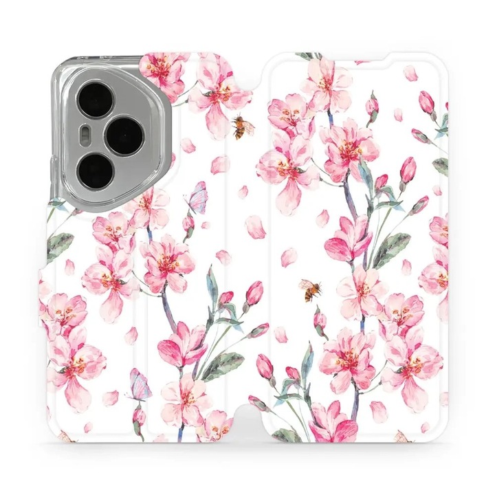 Калъф Mobiwear с флип капак за Honor 400 Pro, розови цветя, устойчив на удар и надраскване, многоцветен