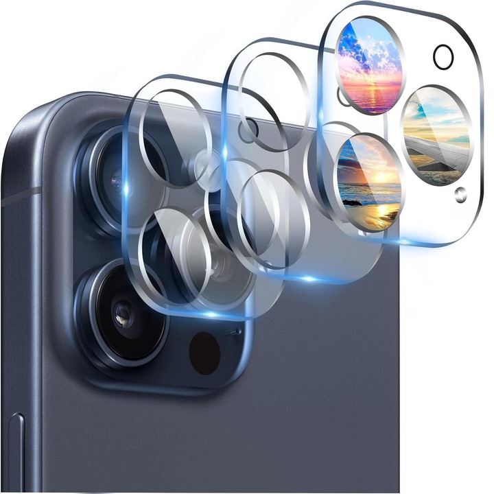 Комплект от 2 защитни фолиа за камера за iPhone 15 Pro 6.1" и iPhone 15 Pro Max 6.7", Закалено стъкло 9H, Прозрачен