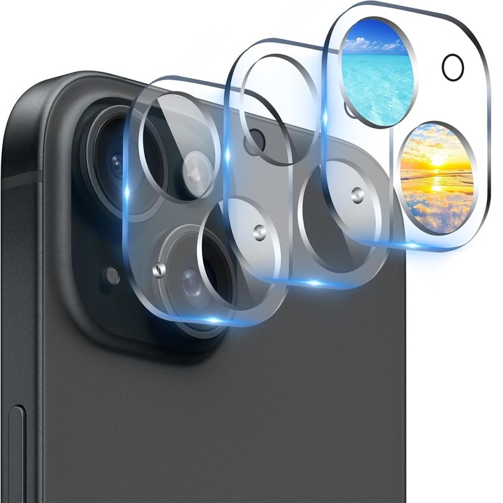 Комплект от 2 Защитни фолиа за камера за iPhone 15, Закалено стъкло 9H, Прозрачен, Противоударен