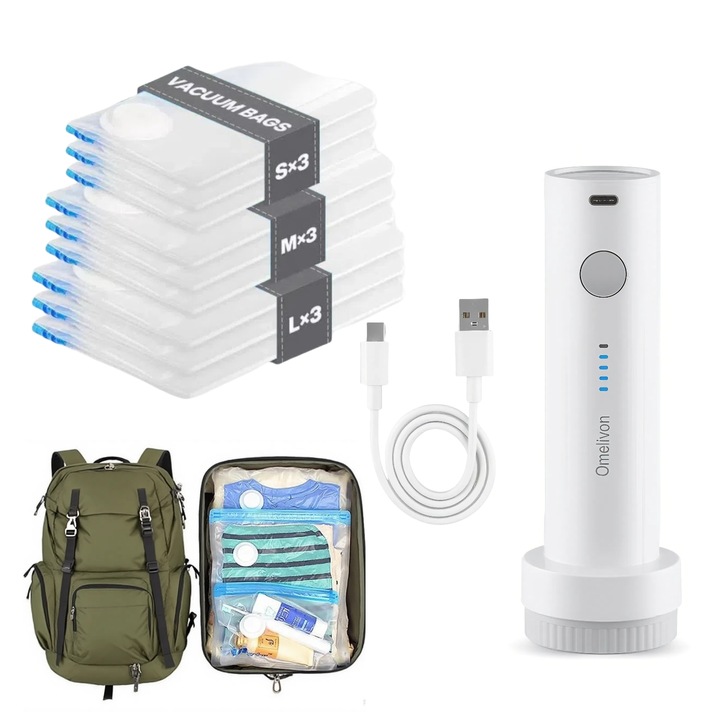 Vákuumos Ruhatároló Zsák Szett Vezeték Nélküli Pumpával, Omelivon, 40x40cm*3/40x50cm*3/40x60cm*3, Alkalmas Szabadtéri Tevékenységekhez, Túrázáshoz, Kempingezéshez, Profi Kemping Szett, 9 darabos