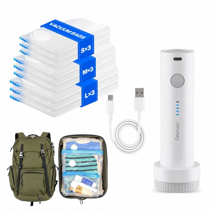 Set 9 Saci Vidat Haine cu Pompa Wireless, Omelivon®, 40x40cm*3/40x50cm*3/40x60cm*3, Aplicabila pentru Activitati outdoor drumetii, camping, Set Camping Pro