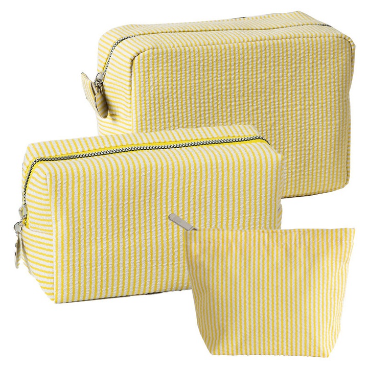 Kozmetikai táska szett, 3 részes, sárga, méretek: 22x9x15cm, 18.5x7.5x10cm, 17x5.5x13cm