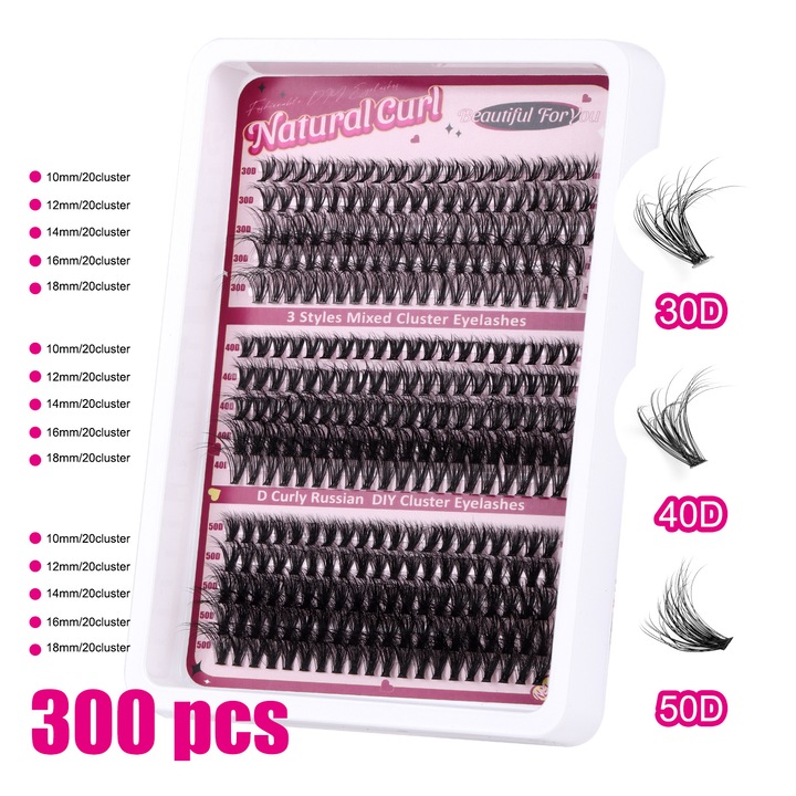 Комплект от 300 броя пухкави мигли, индивидуални удължители за мигли 10-18 мм, подходящ за лична употреба (комплект 30+40+50D)