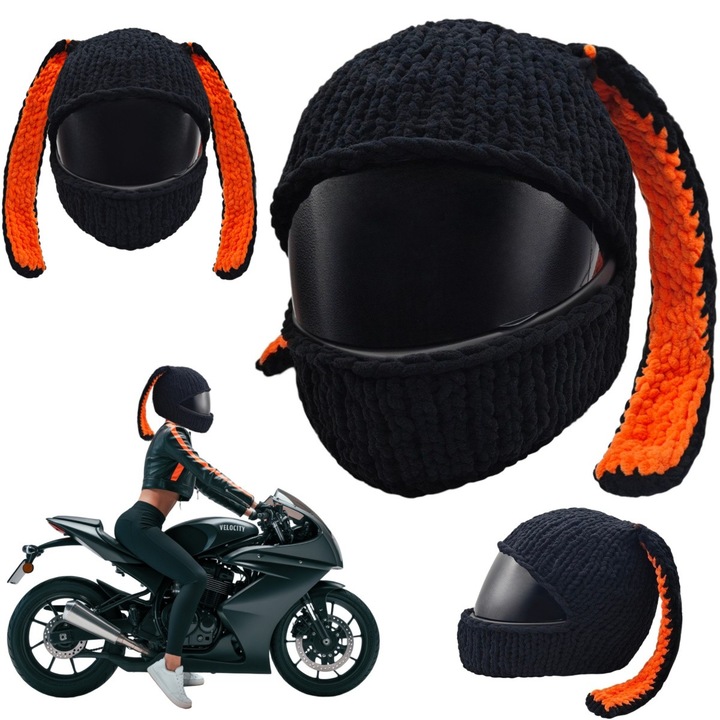 Motoros sisak borítás, motoLEDy, Bunny Rider, Univerzális, Fekete, narancssárga béléssel, Puha anyag, Könnyű felszerelés, Stabil rögzítés, Univerzális illeszkedés, Nem korlátozza a látómezőt, Fokozott láthatóság, Nyuszifüles design, Egyedi megjelenés